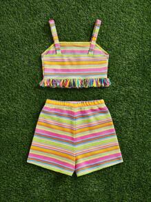 SHEIN Essnce Summer Yellow Boho Picnic Colorful Striped Knitted Fringed Hem Camisole Top And Shorts Two-Piece Set,Rave Festival Outfits For Women & Tween Girl - Multicolor - View 2