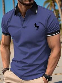 男士時尚獨角獸印花短袖POLO衫，運動休閒，復古領T卹，常規版型，薄款經典通用款式，時尚戶外POLO衫 - 寶藍色 - 查看 1