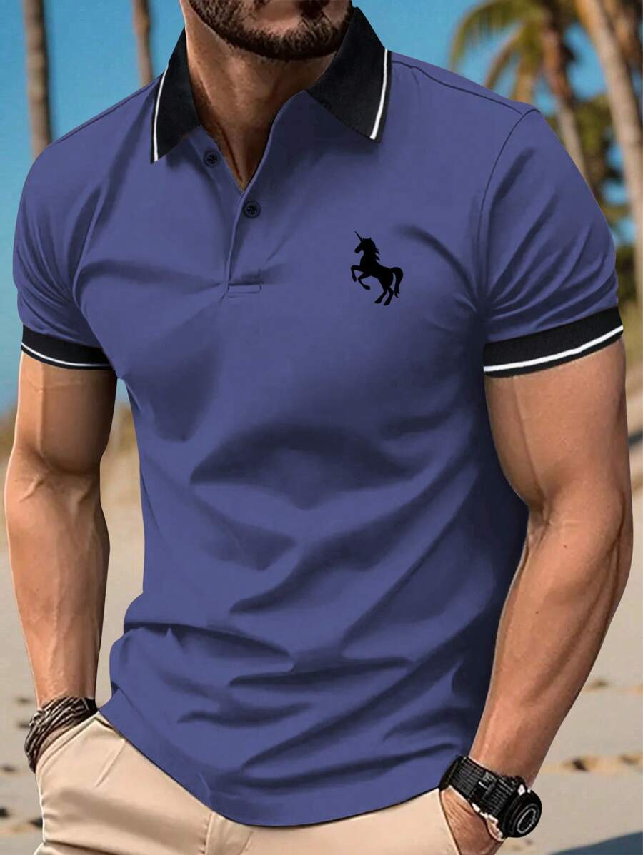 男士時尚獨角獸印花短袖POLO衫，運動休閒，復古領T卹，常規版型，薄款經典通用款式，時尚戶外POLO衫 - 寶藍色 - 查看 1