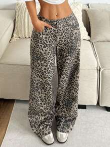 SHEIN EZwear 女士豹紋簡約日常長褲