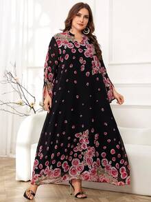 Al Najma 大码女士连衣裙，随机印花，全长优雅 Jalabiya Kaftan 宽松朴素长袖连衣裙 - 粉色 - 查看 3