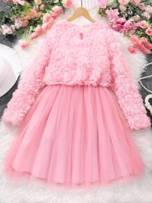 SHEIN Tween Girls Pink 3D Flower Mesh Dress - Pink - View 2