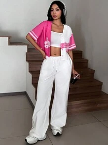 Comfortcana 热粉色字母图案双色落肩短款针织衬衫，短袖上衣 - 彩色 - 查看 11