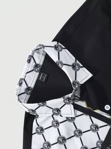 Manfinity Homme 男士巴洛克印花图案彩色短袖休闲衬衫，夏季，送给男朋友的礼物 - 黑與白 - 查看 7