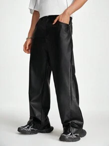 Manfinity RebelGame Men's Loose Wide-Leg Leather Pants - Black - View 7