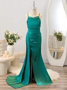 SHEIN Vestido Longo Sereia Ajustado Sem Mangas Verde Esmeralda Elegante, Adequado para Festa, Casamento, Concurso, Halloween, Eventos e Apresentações de Natal, Meninas Pré-Adolescentes - Verde Escuro - Visão 1