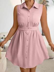 Calvaya Váy sơ mi nữ không tay một hàng khuy màu trơn cỡ lớn, mùa hè - Hồng - Xem 4