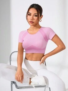 Women's Solid Pink Short Sleeve Crop Sports Top And Leggings Set For Summer Fitted Shirt - Pink - View 5