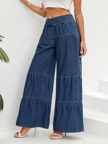 SHEIN Essnce Ruffle Hem Wide Leg Jeans - Light Wash - View 3