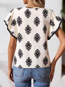 SHEIN LUNE Áo dài in họa tiết mùa hè cổ chữ V Ruffle Trim dành cho nữ - Màu be - Xem 3