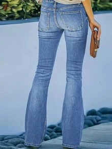 女士性感修身休闲喇叭牛仔裤（春季款） - 中等水洗藍 - 查看 3