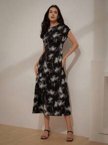 Aveloria Rosie 中国风竹叶印花优雅休闲夏装，配腰带，宽肩带设计和曲线下摆，黑色底色搭配白色花朵，无袖