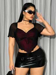 SHEIN ICON Blusa de malla con detalle de pliegues en el busto, nudo delantero y terminación en lechuga para tallas grandes, para el verano