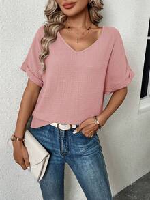 EMERY ROSE Women's V-Neck Solid Color Short Sleeve Textured Fabric Shirt, Summer