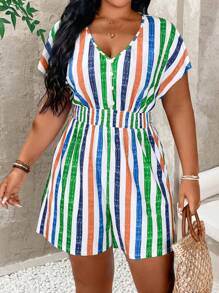 Calvaya Bộ áo liền quần sọc đầy màu sắc cỡ lớn có trang trí nút gỗ ở ngực trước - Nhiều màu - Xem 3