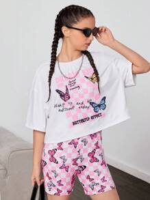 SHEIN Áo phông rộng rãi và quần đi xe đạp bó sát dành cho nữ tuổi teen Bộ 2 bộ thể thao thông thường - Hồng - Xem 1