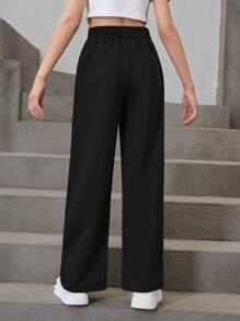 SHEIN Tween Girl Loose Fit Athleisure Black Straight Leg Pants With Drawstring, Perfect For Home And Leisure - Black - View 2