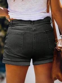 女士纯色简约破洞牛仔短裤，休闲日常穿着 - 灰色 - 查看 2