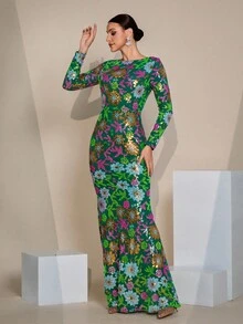 Đầm dạ hội dài tay in họa tiết ngẫu nhiên dành cho nữ (họa tiết hoa không theo bố cục), đầm dự tiệc, đầm cưới, đầm dạ hội, đầm nghỉ xuân. - màu xanh lá - Xem 6