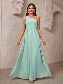 SHEIN Belle Ladies' Solid Color Simple Daily Asymmetrical Neck Dress - Green - View 1