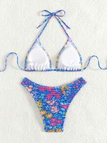 SHEIN Swim Floral Print Smocked Halter Triangle Bikini Set Summer