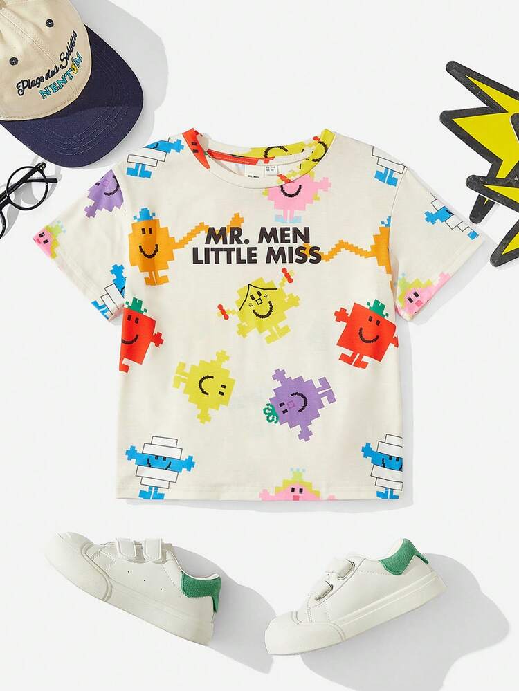 Mr Men Little Miss X SHEIN Cậu bé Dopamine Phim hoạt hình đầy màu sắc In áo thun cổ tròn đơn giản có tay áo trễ vai - Màu be - Xem 1