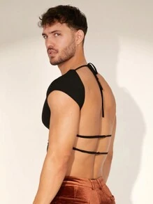 FeverCity Camiseta de manga corta de punto ceñida para hombres, diseño sin espalda, adecuada para el verano