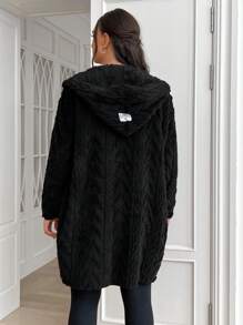 SHEIN EZwear Plus Size Coat With Barley Texture Jacquard Thermal, For Winter Fall Autumn - Black - View 6