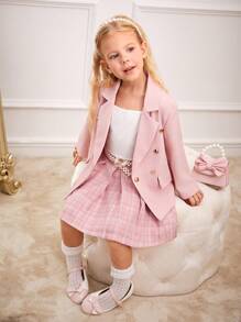SHEIN Girls Casual Pink Plaid Blazer Jacket, White Top And Skirt 3pcs Set, Autumn/Winter New Arrival. This Set Uses A Pink Plaid Fabric With Pleated Skirt, And A Faux Pearl Elastic Waist Belt, Giving A Fashionable And Professional Look, Suitable For Daily And Formal Occasions, Allowing The Child To Show Confidence And Style. - Baby Pink - View 3