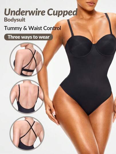 SHAPORA Shaping Underwire Cupeed Brief Shapewear Bodysuit Body Shaper Bust&Butt Lifter With Adjustable Straps-Tummy Waist Control