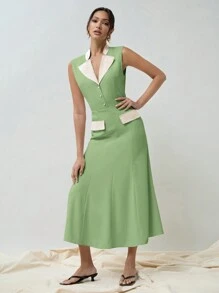 COSMINA 撞色女式礼服，鱼尾立领，连衣领，无袖设计