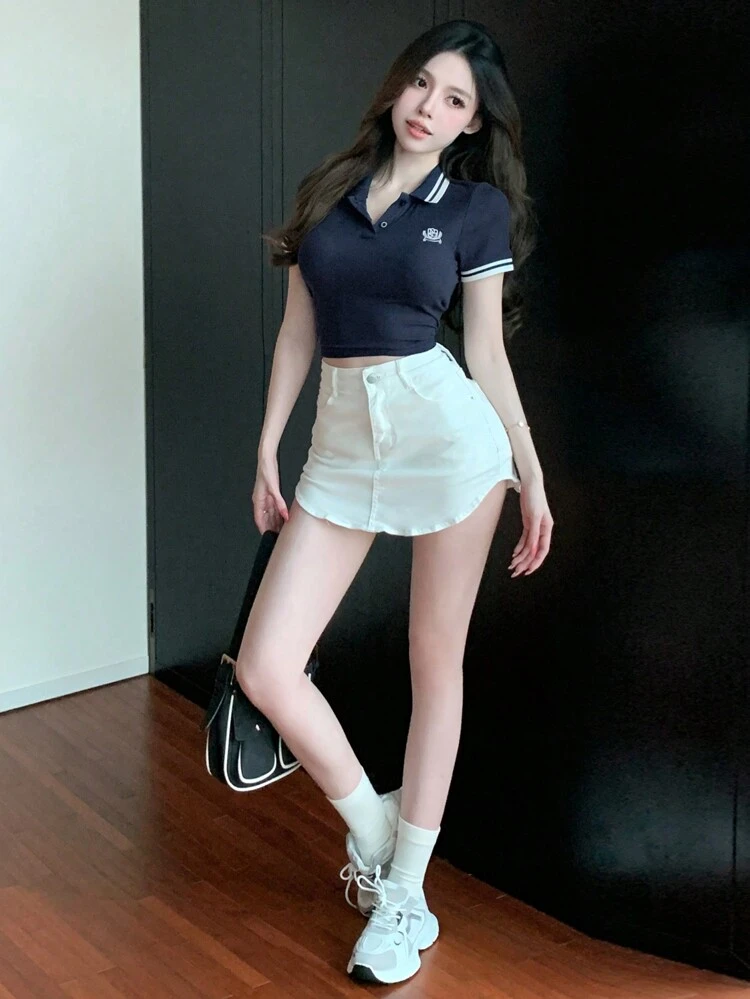 Women's Contrast Striped Patchwork Polo Shirt, Short Sleeve Sporty T-Shirt Summer,Crop Tops Women Preppy Tops