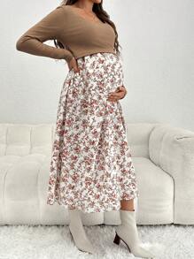 SHEIN Maternity Daily Full Print Round Neck Casual Nursing Dress