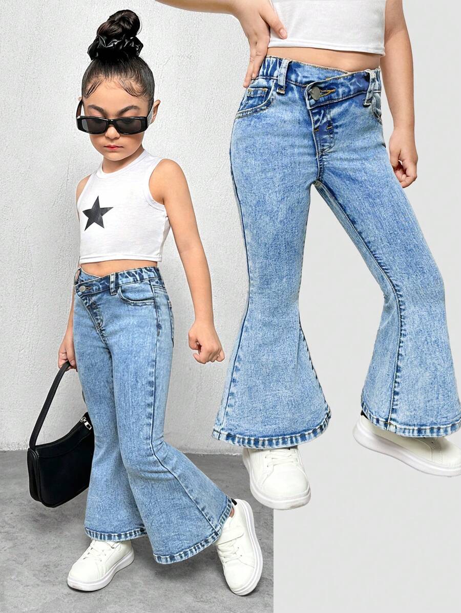 SHEIN Young Girls Y2K Blue Denim Flared Jeans,Summer Boho Thin Denim Pants,Young Girl Summer Cute Break Clothes Outfits - Light Wash - View 1