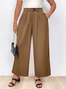 Calvaya Pantalones Rectos Casuales Con Pliegues De Color Sólido De Talla Grande - Bronce - Ver 1