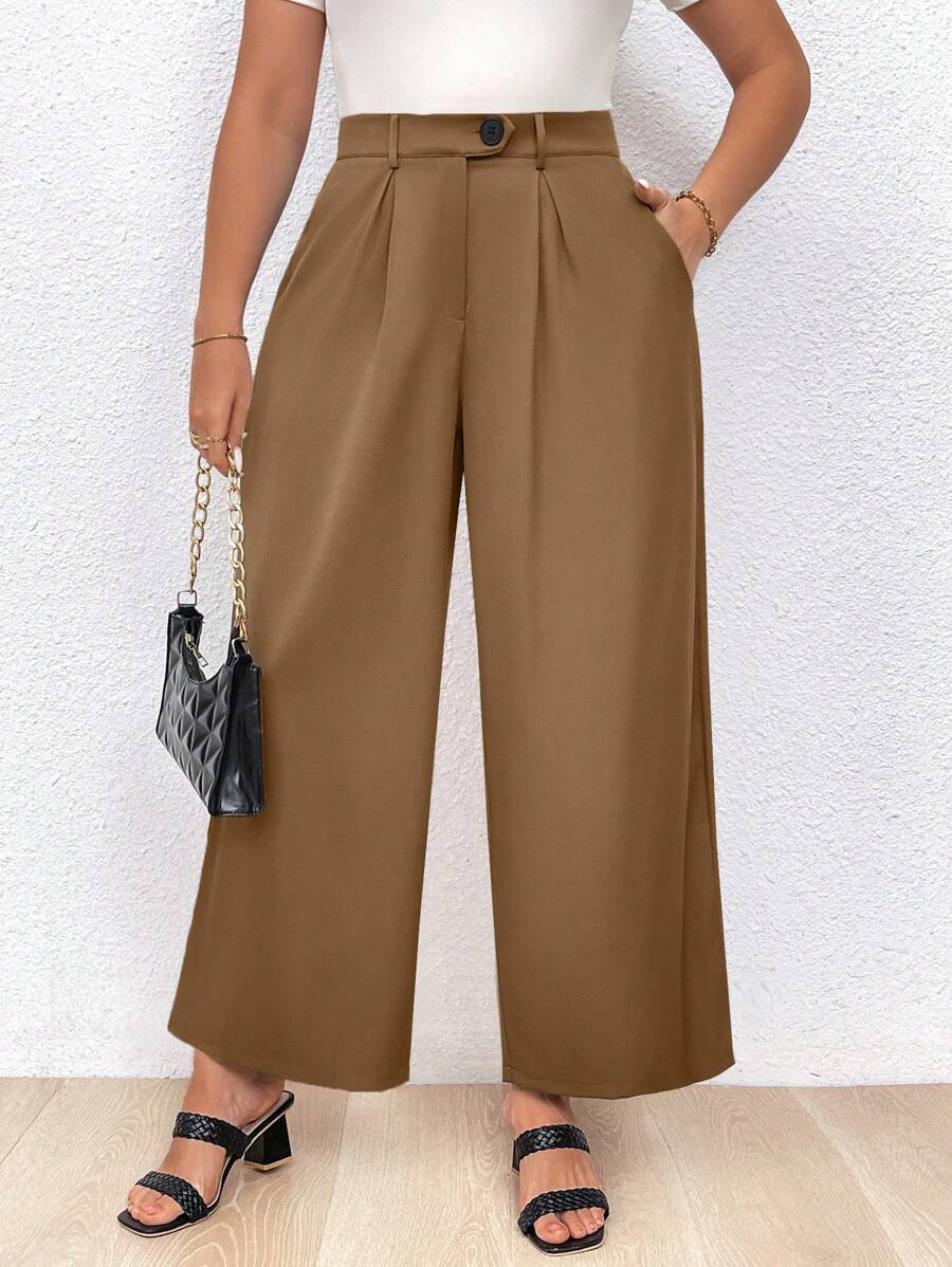 Calvaya Pantalones Rectos Casuales Con Pliegues De Color Sólido De Talla Grande - Bronce - Ver 1