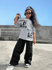 SHEIN Leap Crew Tween Girl時尚印花寬鬆落肩T恤，附有3D蝴蝶結裝飾和貨物長褲2入組套裝 - 灰色 - 查看 6