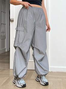 SHEIN EZwear Women's Plus Size Reflective Parachute Material Cargo Parachute Baggy Pants - Grey - View 7