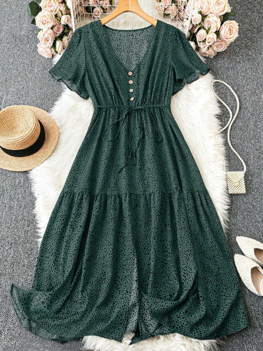 SHEIN LUNE Váy mùa hè in hoa cỡ lớn có viền nhún bèo và cổ chữ V dành cho nữ - màu xanh lá - Xem 1