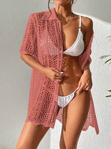 SHEIN Swim 镂空扇贝边和服夏季 - 藕粉色 - 查看 3