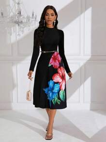 Elenzga 圆领长袖花朵印花夏季束腰长裙女装 - 黑色 - 查看 4