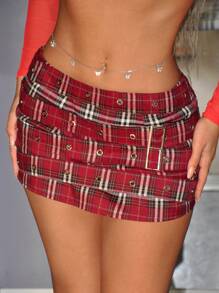 SHEIN ICON Jupe moulante taille basse décorée d'oeillets à carreaux rouge - Rouge - Voir 1