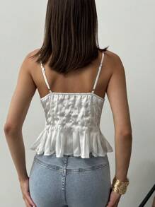 Aloruh 女士简约优雅白色褶皱荷叶边吊带背心 - 白色 - 查看 2