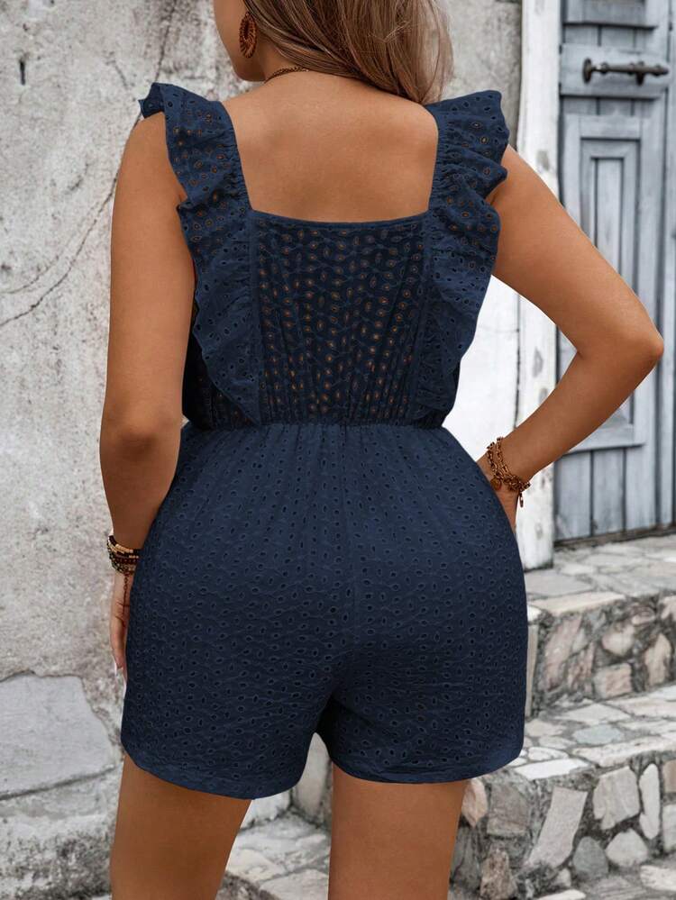 SHEIN Clasi Plus Ruffle Trim Tie Solid Romper For Summer - Navy Blue - View 2