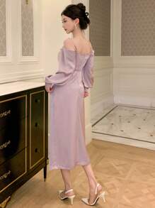 DAZY 女士纯色露肩开衩长袖日常连衣裙舞会礼服、秋季连衣裙 - 淡紫色 - 查看 2