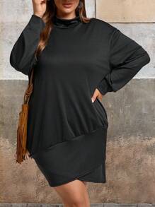 SHEIN VCAY Plus Size Solid Color Stand Collar Long Sleeve Summer Dress - Black - View 5