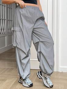 SHEIN EZwear Women's Plus Size Reflective Parachute Material Cargo Parachute Baggy Pants - Grey - View 5