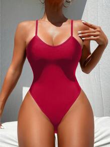 Swim SXY 2025 Women One-Piece Solid Color Sleeveless Casual Beach Swimsuit Summer - Red - View 2