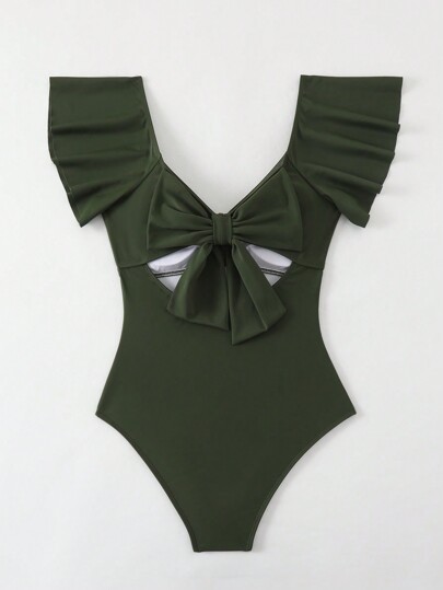 Swim Mod Ruched Solid Ruffle Trim Summer Beach One Piece Swimsuit