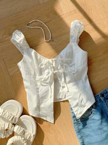 Comfortcana Ruched Bust Tie Front T-Shirt - White - View 1